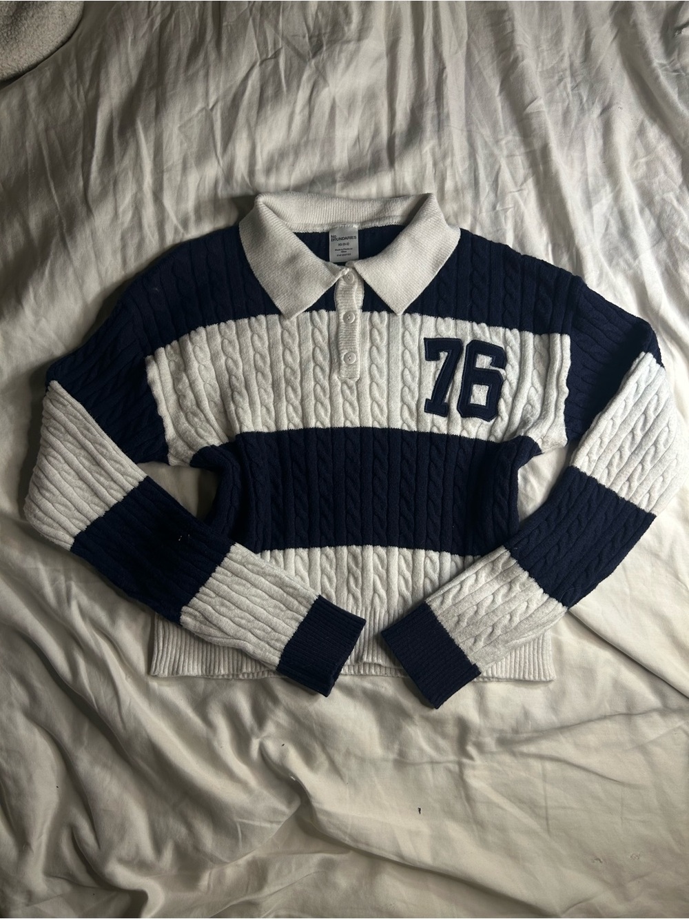 No Boundaries Navy & White Striped Cable-Knit Polo Sweater with '76' Patch